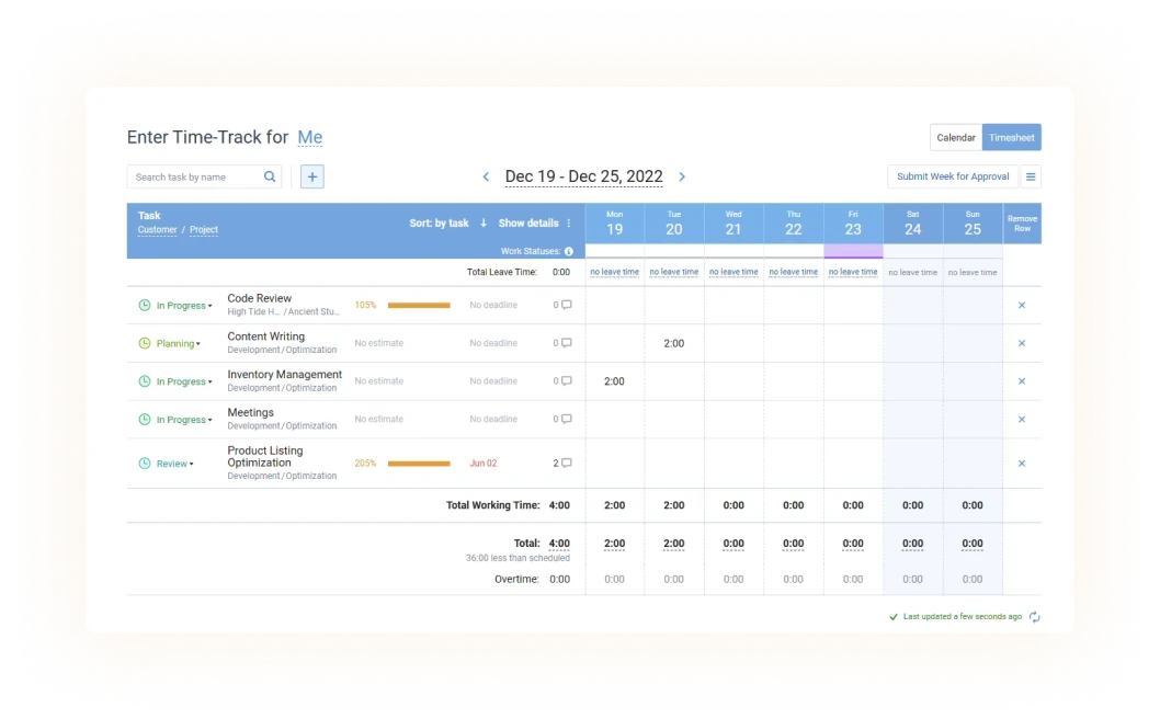 Time tracking interface in actiTIME