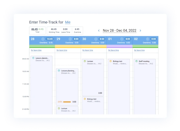 Calendar interface in time tracking software for schools actiTIME