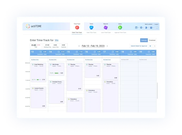 Time tracking interface in actiTIME