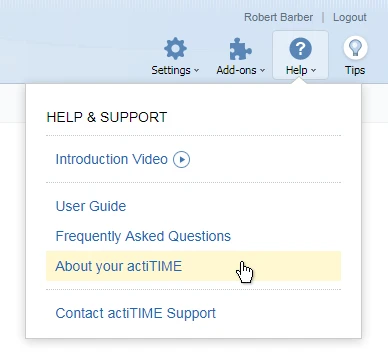 Open Help & Support menu and select ‘About actiTIME’