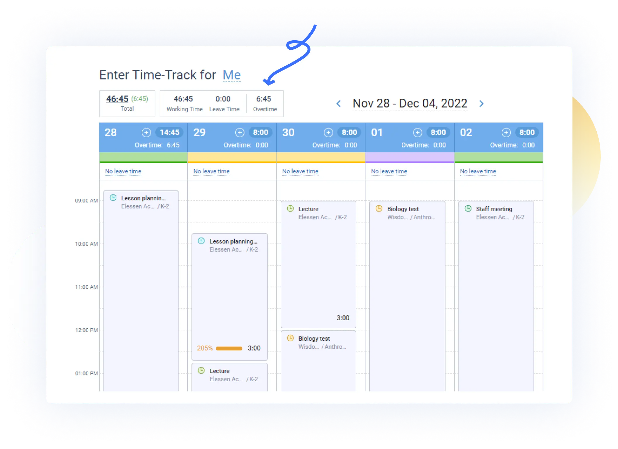 Calendar interface in time tracking software for schools actiTIME