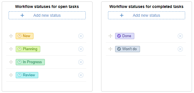 Create kanban workflow statuses for open and completed tasks