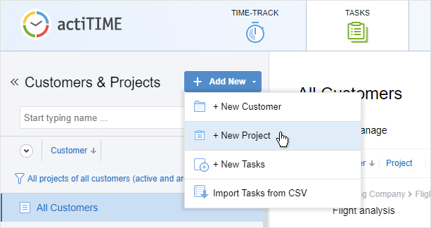 Creating a new project in time tracker actiTIME. Step 1.