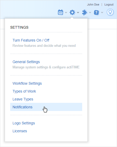 Notifications settings in actiTIME