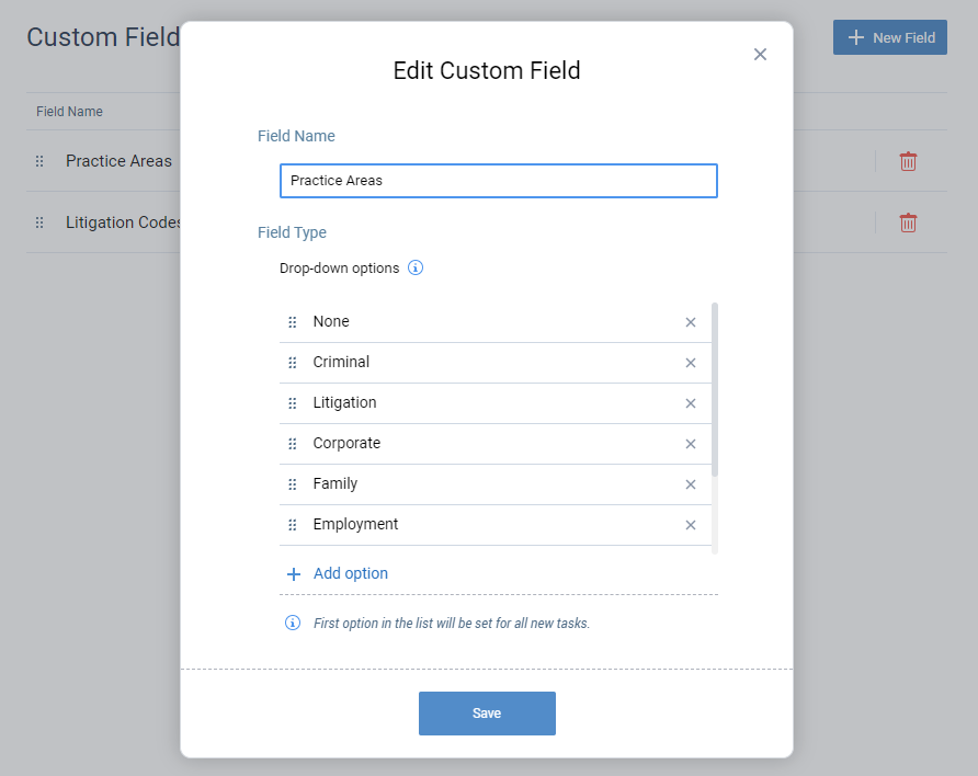 law firm time tracking with custom task fields