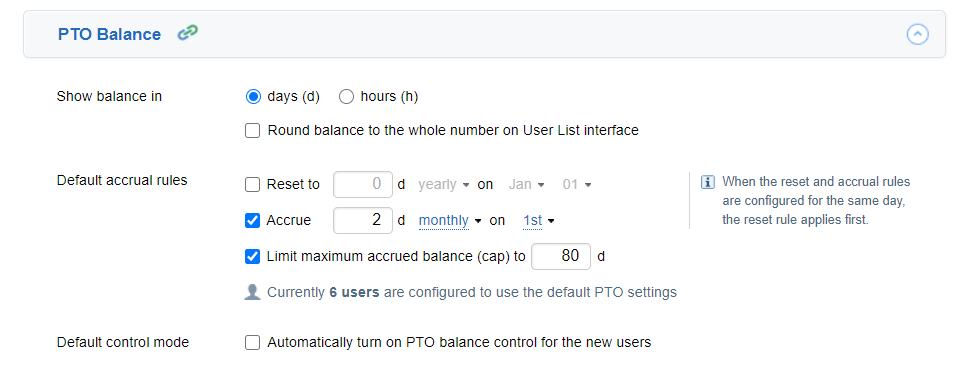 PTO Balance settings in actiTIME