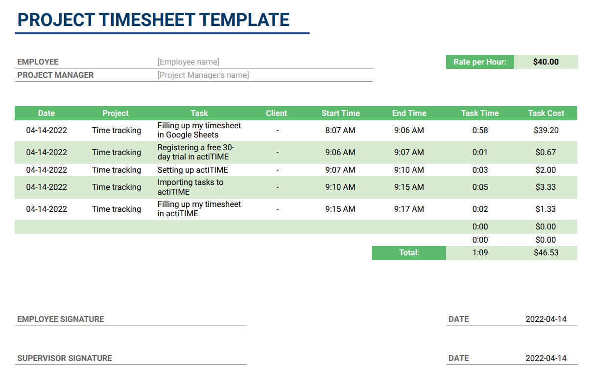 Project timesheet template