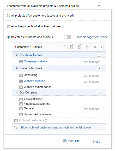 Customers and Projects Selector