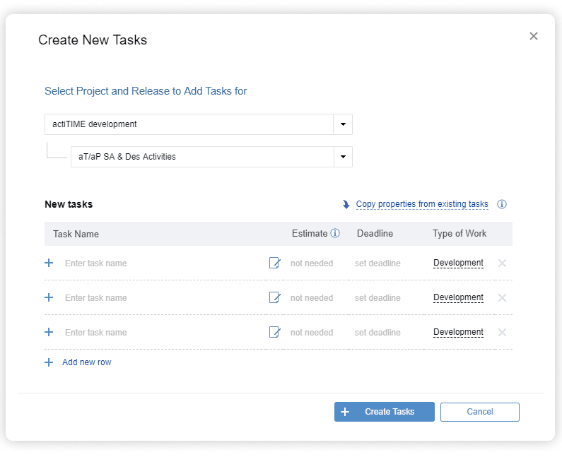 Create new tasks from Enter Time-Track interface