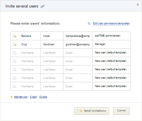 Invite Several Users at Once interface