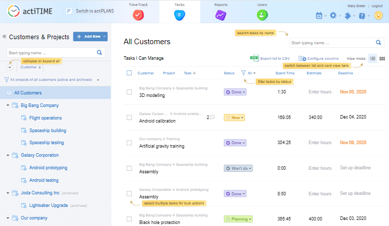 task management in actiTIME - best time tracking software