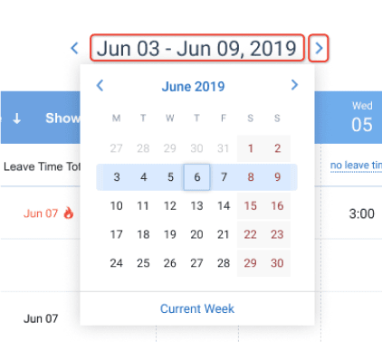 Choose a week from the drop-down calendar.