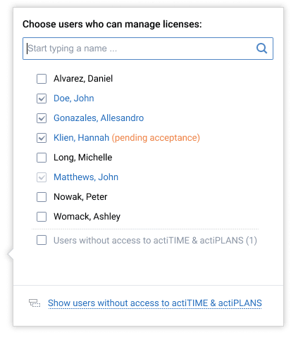 Choose users who can manage licenses in actiTIME / actiPLANS