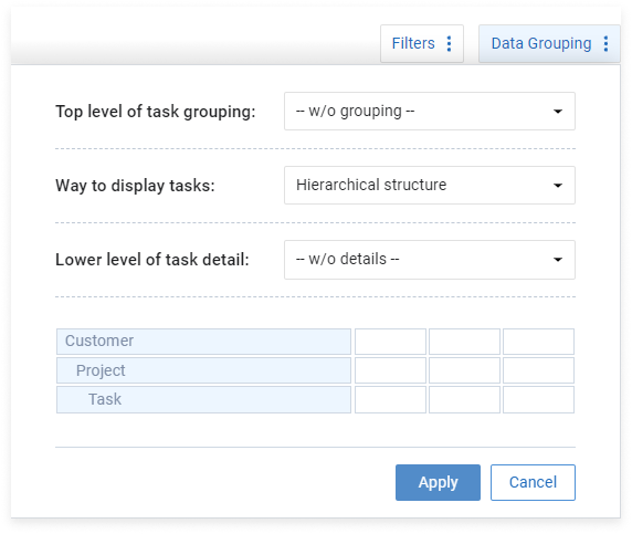 Data grouping settings in Custom Fields Report