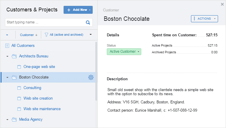 customers and projects settings