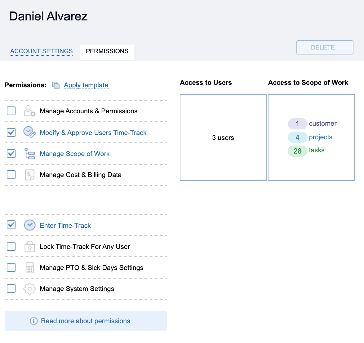 Permissions settings in actiTIME