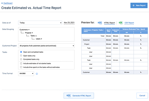 Estimated vs. Actual Time Report form