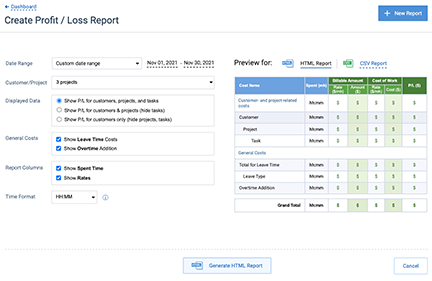 Profit/Loss Report form