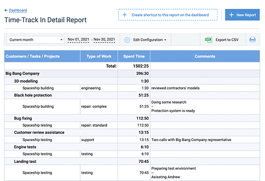 Time-Track in Detail Report with joining comments by tasks