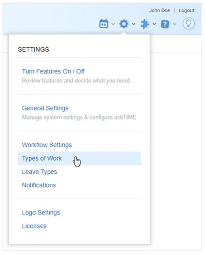 Types of Work settings in actiTIME
