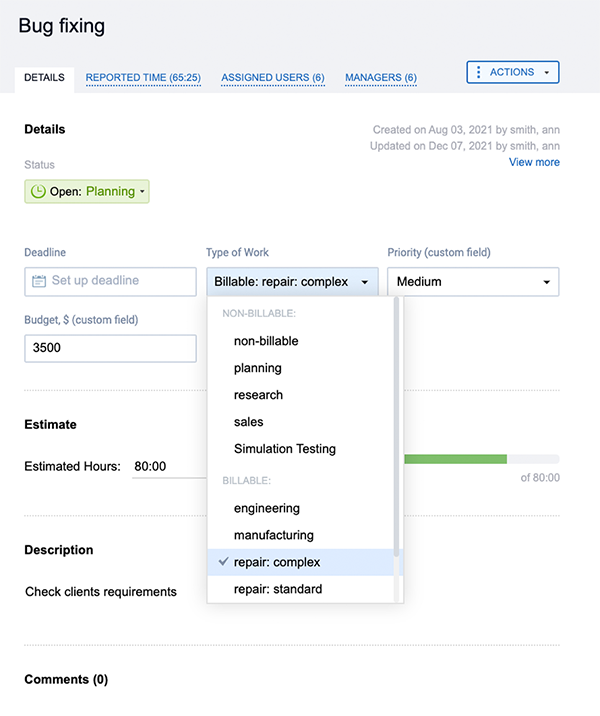 Set a billing rate for an existing task in actiTIME