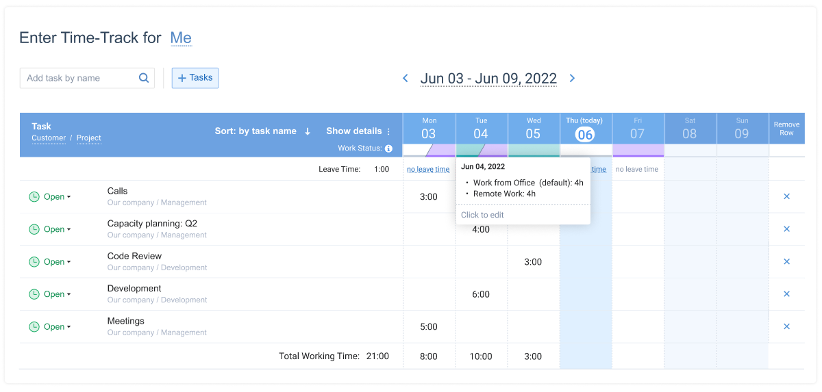 Timesheet with work statuses, actiTIME