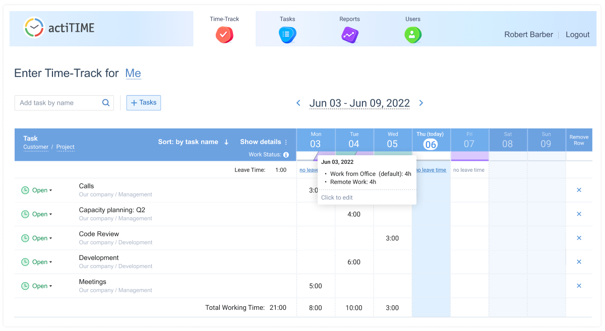 Enter Time-Track interface with work statuses