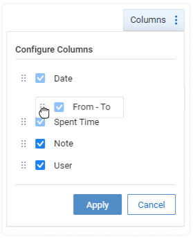 Changing the order of columns in the Time Cards Report using the drag-and-drop feature