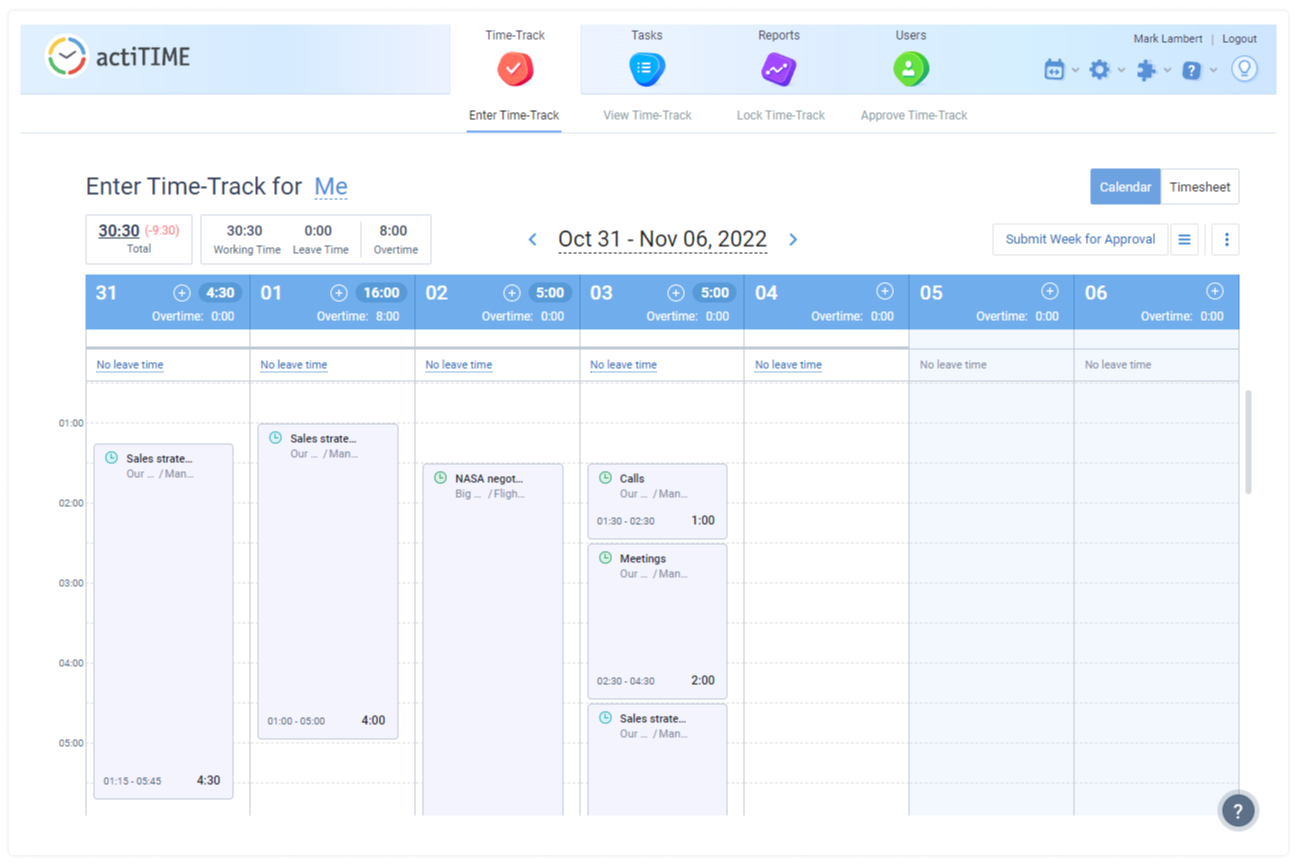 Calendar view, actiTIME