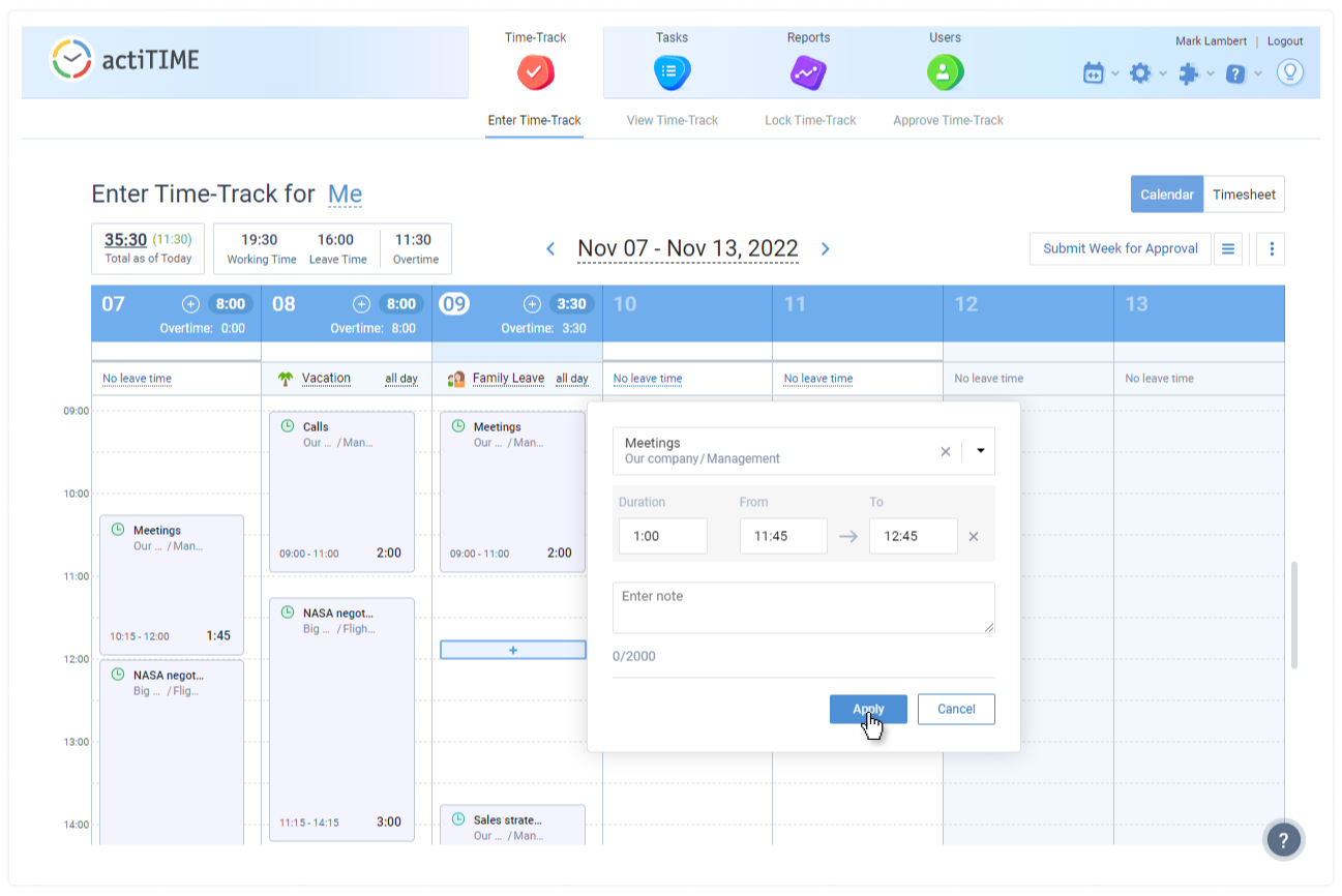 Add tasks to the calendar interface, actiTIME