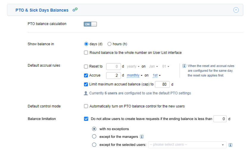 PTO and Sick Days Settings