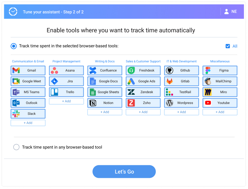 Choose which tools to track time for, Time Management Assistant