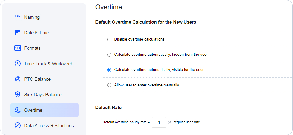 Overtime settings, actiTIME