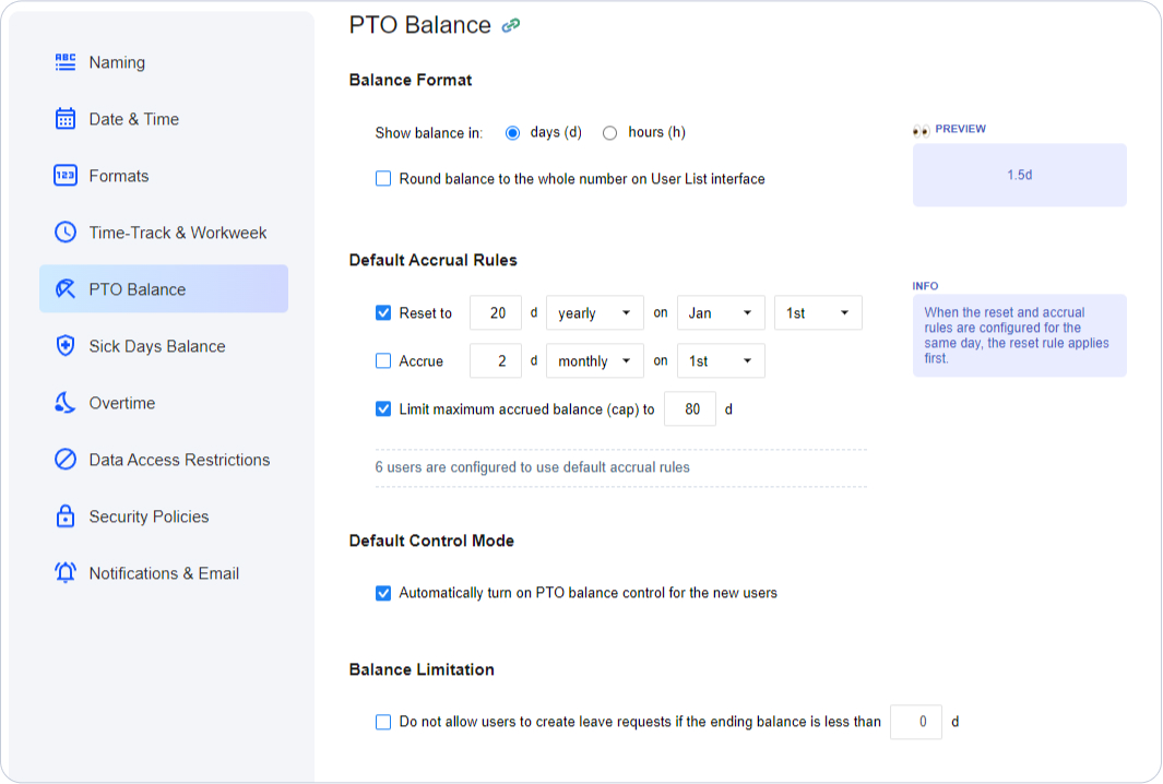 PTO settings, actiTIME